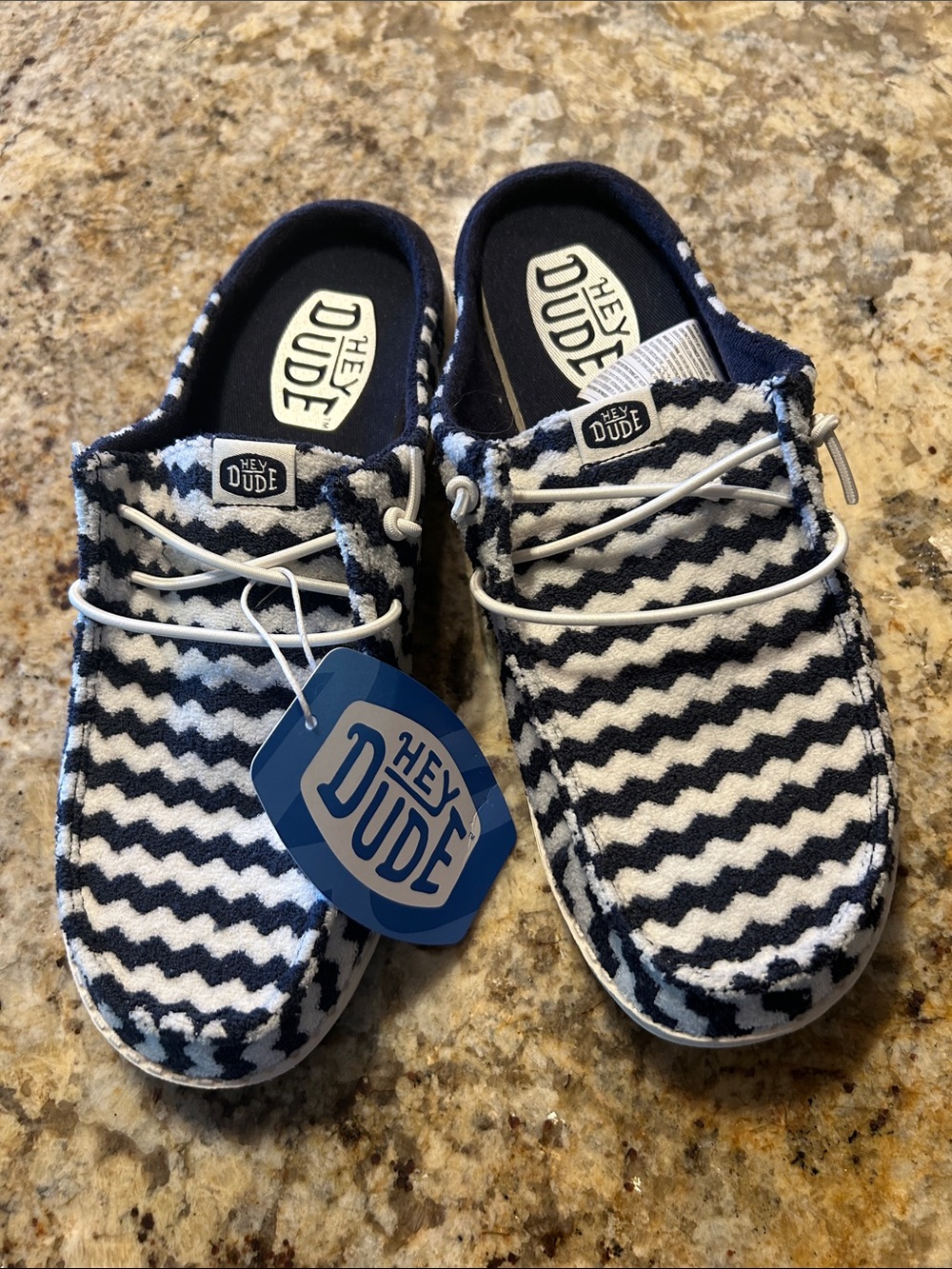 Women’s Hey Dude Wendy Slip Terry Stripe Navy Egret/Egret, sz 8, NWT